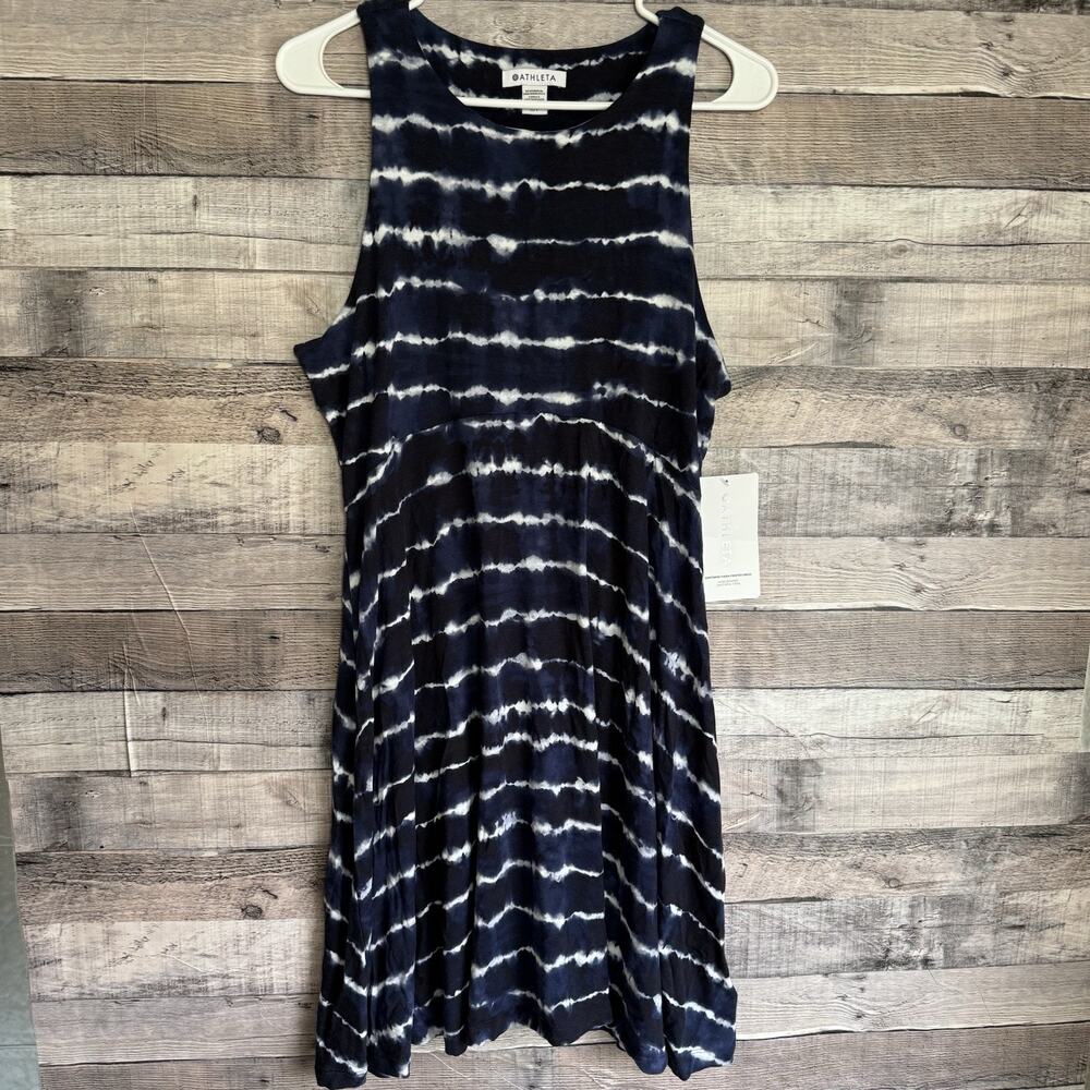Athleta Santorini Thera Print Tie Dye Dress Navy Fit And Flare Stretchy L/P NEW